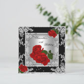 Elegant 50th Birthday Party Red Rose Silver Invitation (Standing Front)