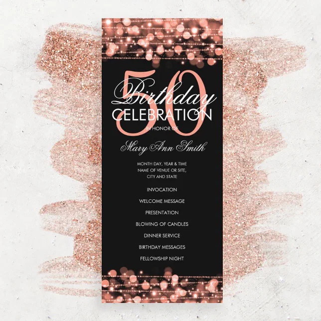 Rose Gold Program Elegant 50th Birthday Party Rose Gold Program Menu | Zazzle