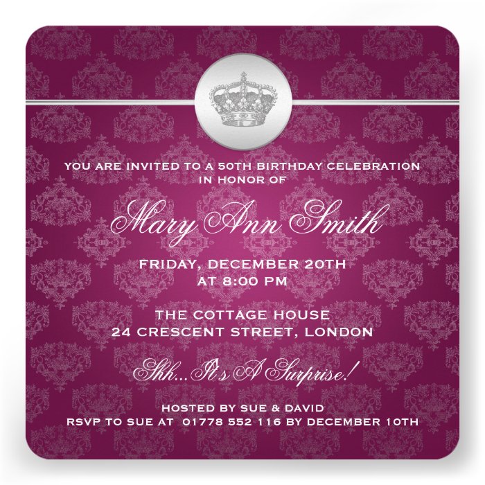 Elegant 50th Birthday Party Royal Crown Pink Personalized Invite