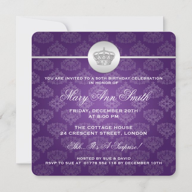 Elegant 50th Birthday Party Royal Crown Purple Invitation (Front)