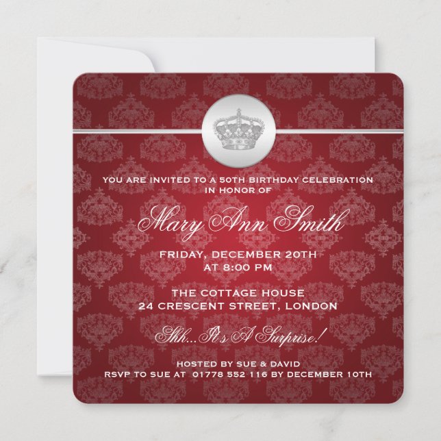 Elegant 50th Birthday Party Royal Crown Red Invitation (Front)