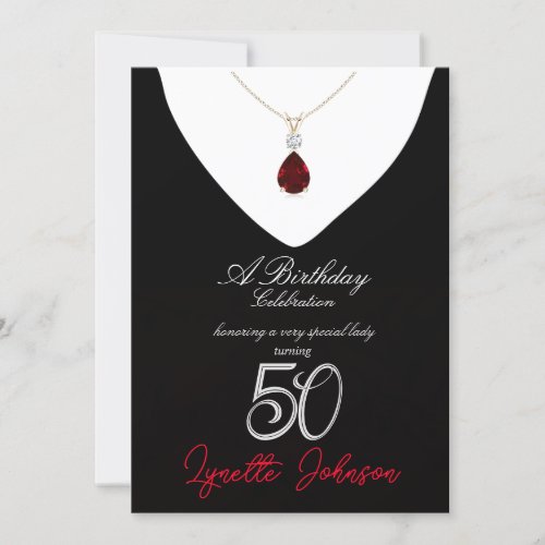 Elegant 50th Birthday Party Ruby Red Necklace  Invitation