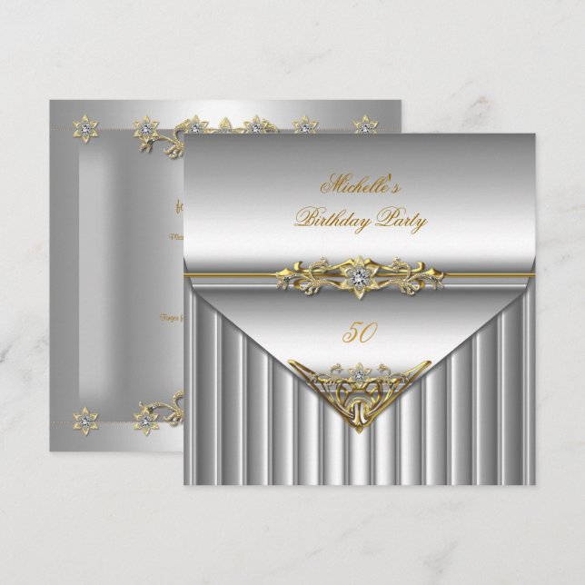 Elegant 50th Birthday Party Silver Gold Diamond Invitation (Front/Back)