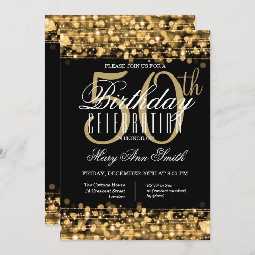 Elegant 50th Birthday Party Sparkles Gold  Black Invitation