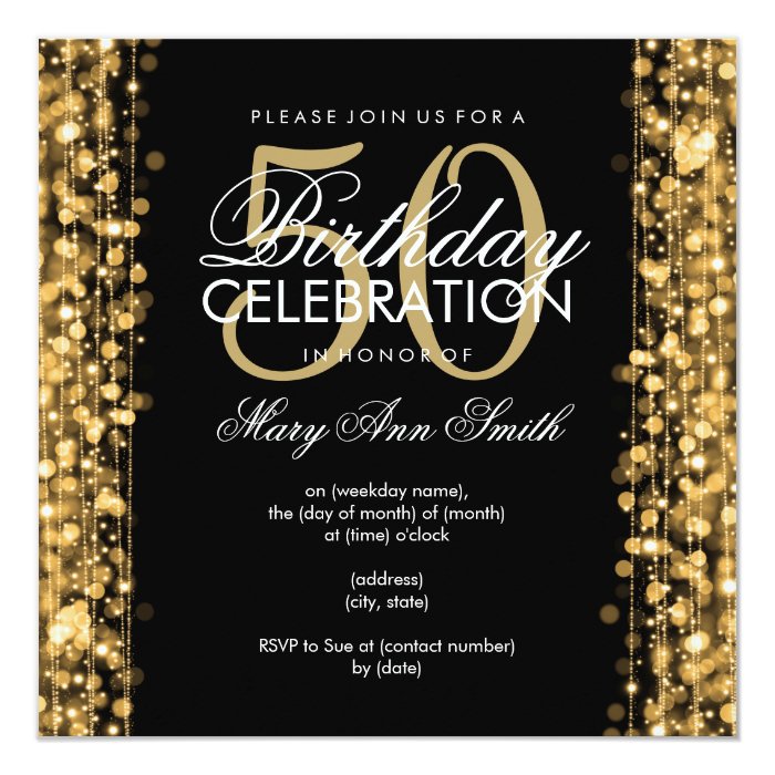 Elegant 50th Birthday Party Sparkles Gold Card | Zazzle