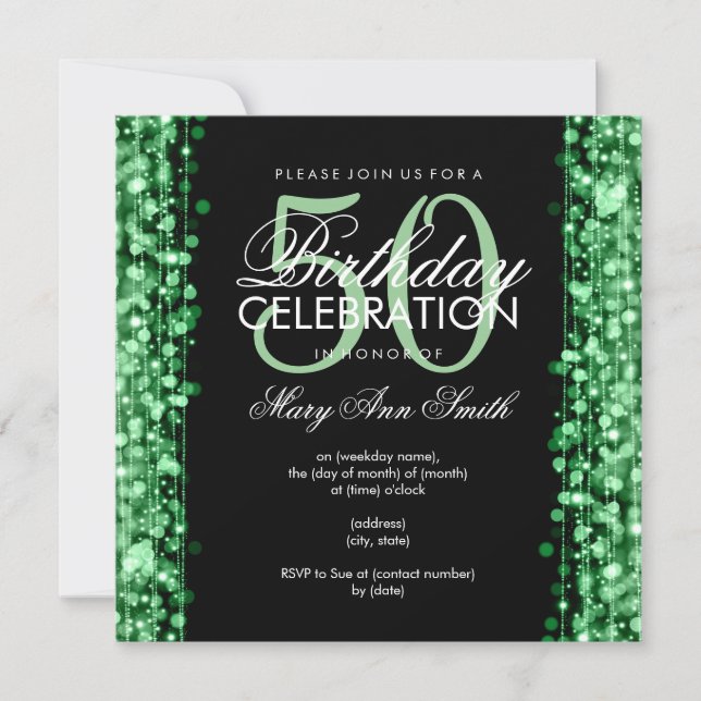 Elegant 50th Birthday Party Sparkles Green Invitation (Front)