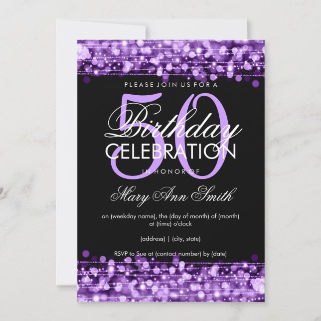 Elegant 50th Birthday Party Sparkles Purple Invitation (Front)