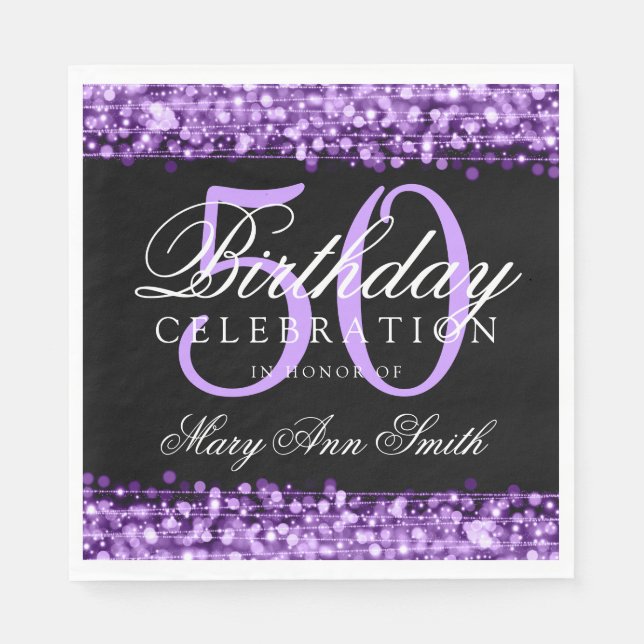 Elegant 50th Birthday Party Sparkles Purple Paper Napkins (Front)