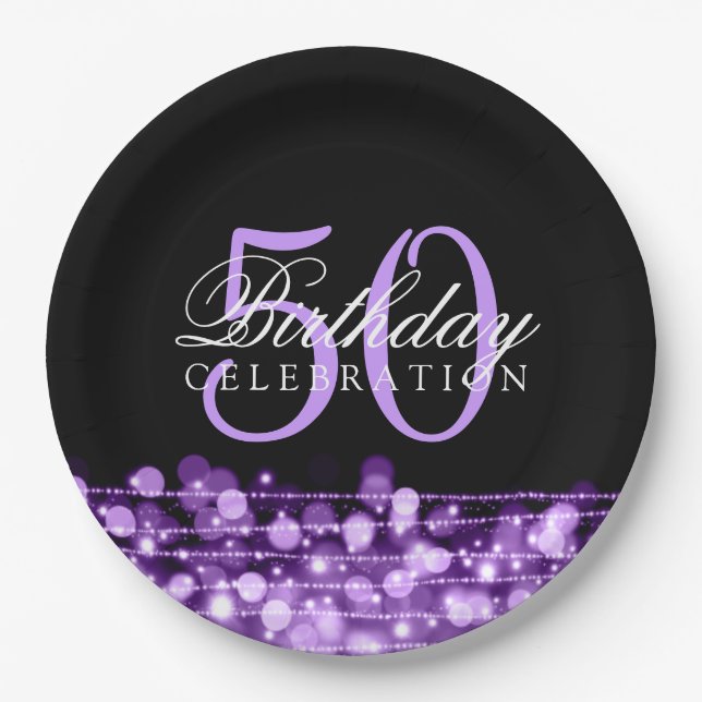 Elegant 50th Birthday Party Sparkles Purple Paper Plates (Front)