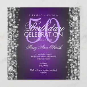 Elegant 50th Birthday Party Sparkles Purple Silver Invitation