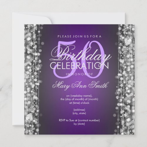 Elegant 50th Birthday Party Sparkles Purple Silver Invitation