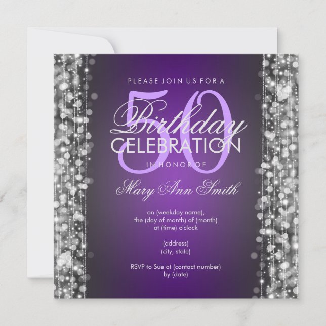 Elegant 50th Birthday Party Sparkles Purple Silver Invitation (Front)