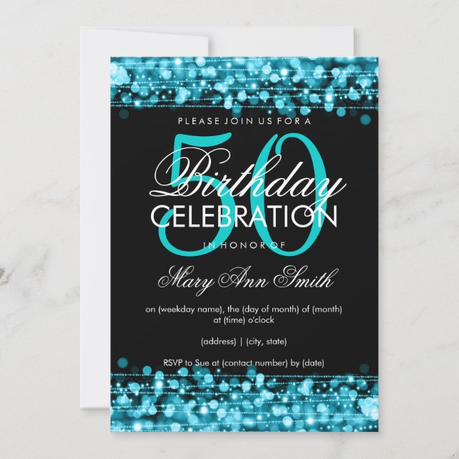 Elegant 50th Birthday Party Sparkles Turquoise Invitation (Front)