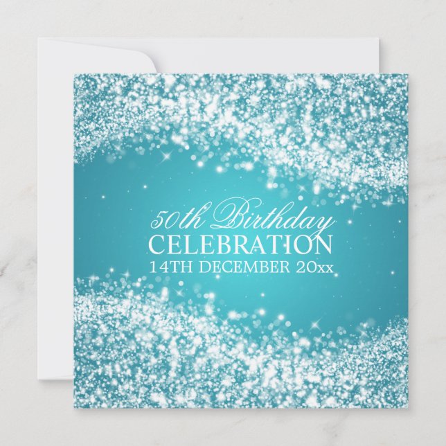 Elegant 50th Birthday Party Sparkling Wave Turquoi Invitation (Front)