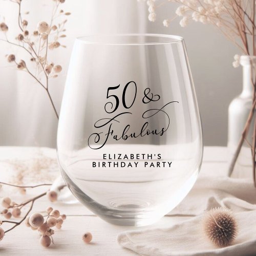 Elegant 50th Birthday Party Stemless Wine Glass