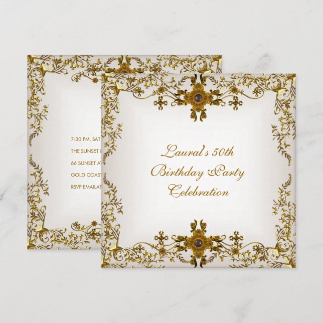 Elegant 50th Birthday Party White Cream Gold Lace Invitation (Front/Back)