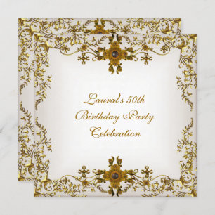 Elegant 50th Birthday Party White Cream Gold Lace Invitation