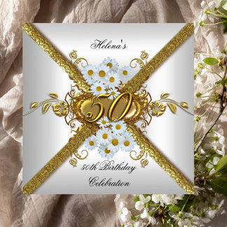 Elegant 50th Birthday Party White Daisy Gold Invitation