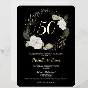 Elegant 50th Birthday Party White Floral Wreath Foil Invitation