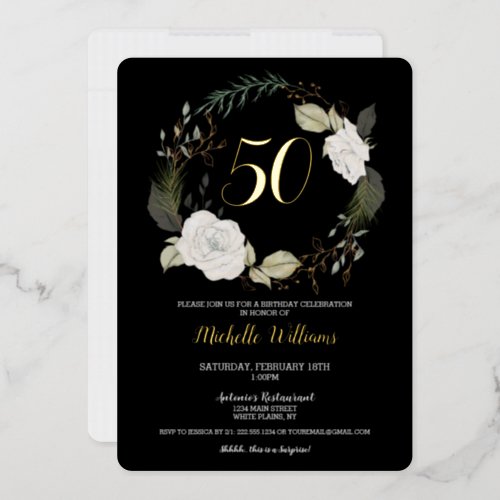 Elegant 50th Birthday Party White Floral Wreath Foil Invitation
