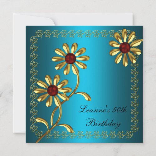 Elegant 50th Birthday Party White Gold Teal Floral Custom Invites