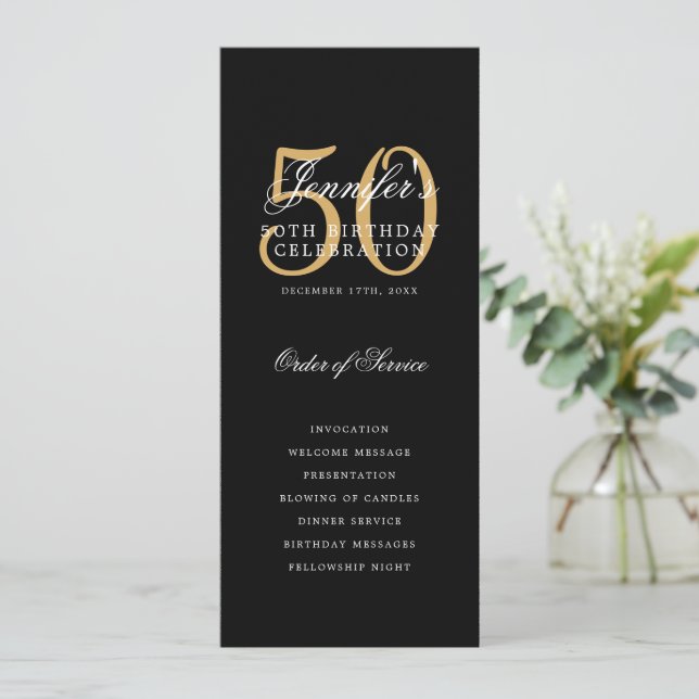 Elegant 50th Birthday Program Gold Black Thank You (Standing Front)