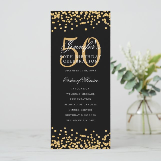Elegant 50th Birthday Program Gold Confetti Menu (Standing Front)