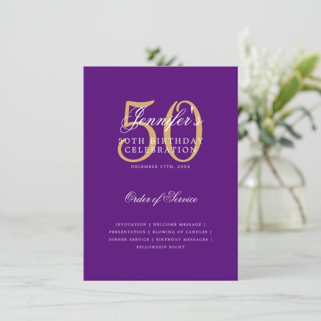 Elegant 50th Birthday Program Gold Purple Menu (Standing Front)
