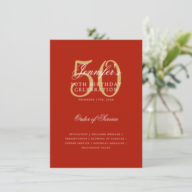 Elegant 50th Birthday Program Gold Red Menu (Standing Front)
