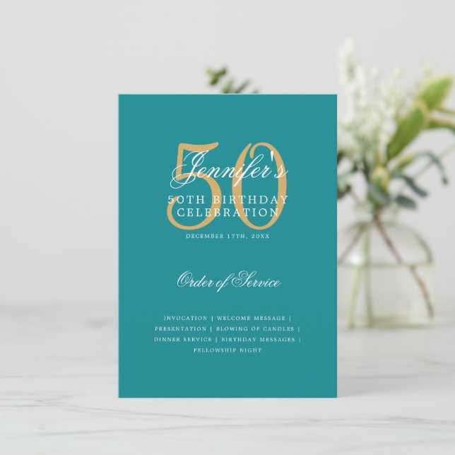 Elegant 50th Birthday Program Gold Teal Menu (Standing Front)