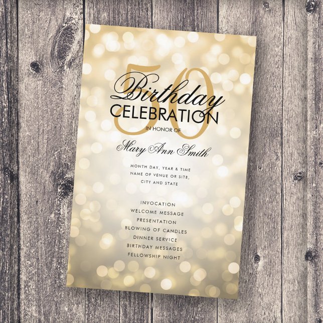 Elegant 50th Birthday Program Lights Gold w/ Menu (Creator Uploaded)