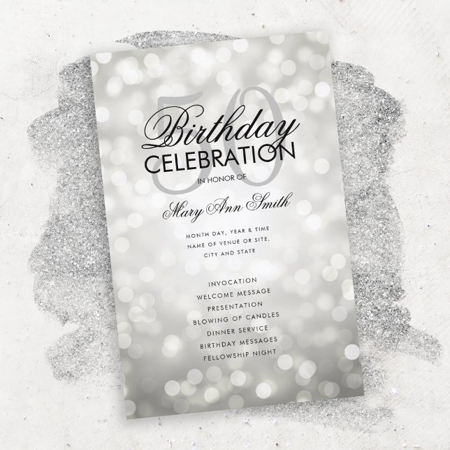 Elegant 50th Birthday Program Lights Silver Menu (Creator Uploaded)