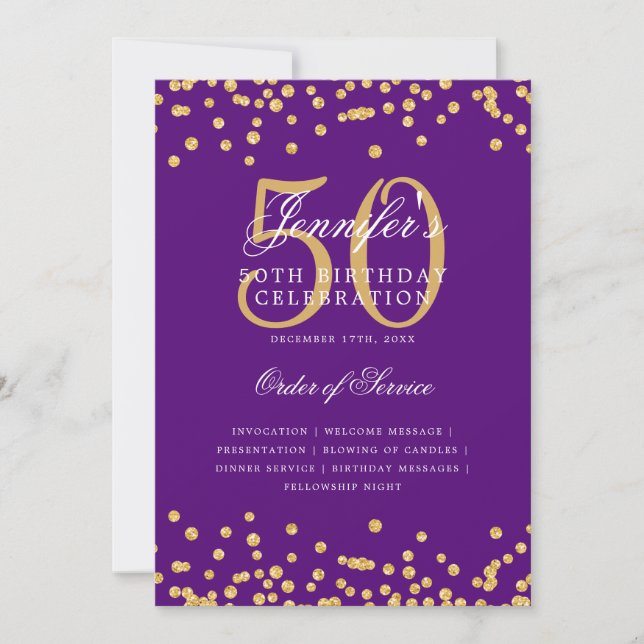 Elegant 50th Birthday Program Menu Gold Purple  (Front)
