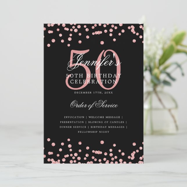 Elegant 50th Birthday Program Menu Rose Gold Black (Standing Front)