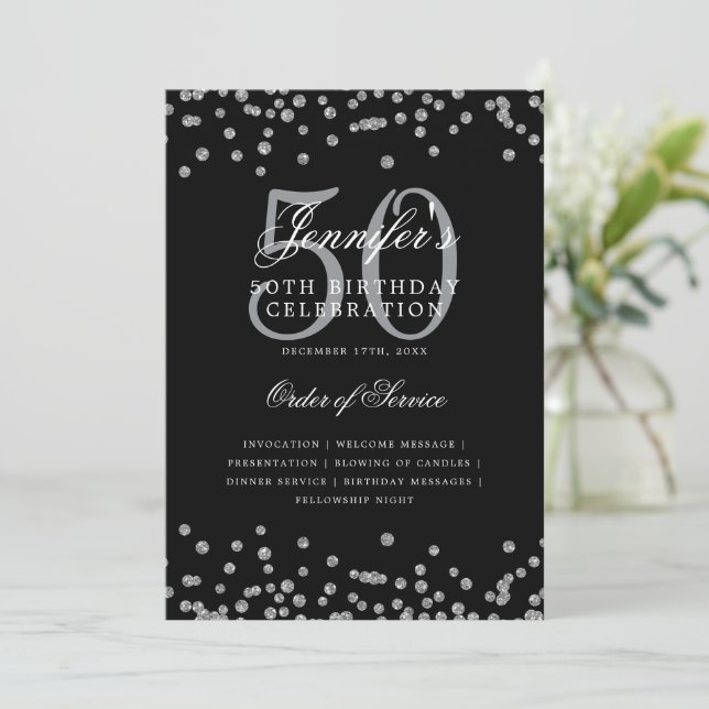 Elegant 50th Birthday Program Menu Silver Black (Standing Front)