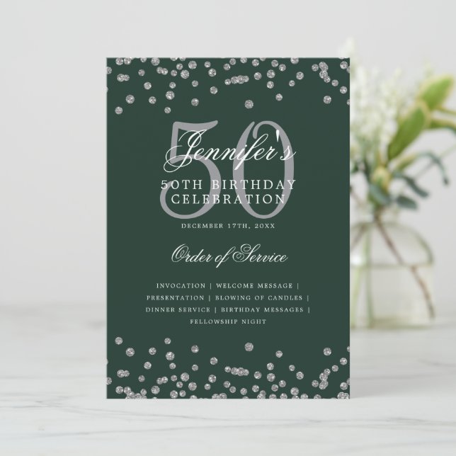 Elegant 50th Birthday Program Menu Silver Green  (Standing Front)