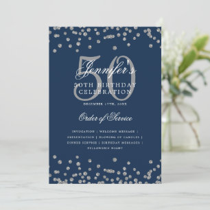 Elegant 50th Birthday Program Menu Silver Navy Blu