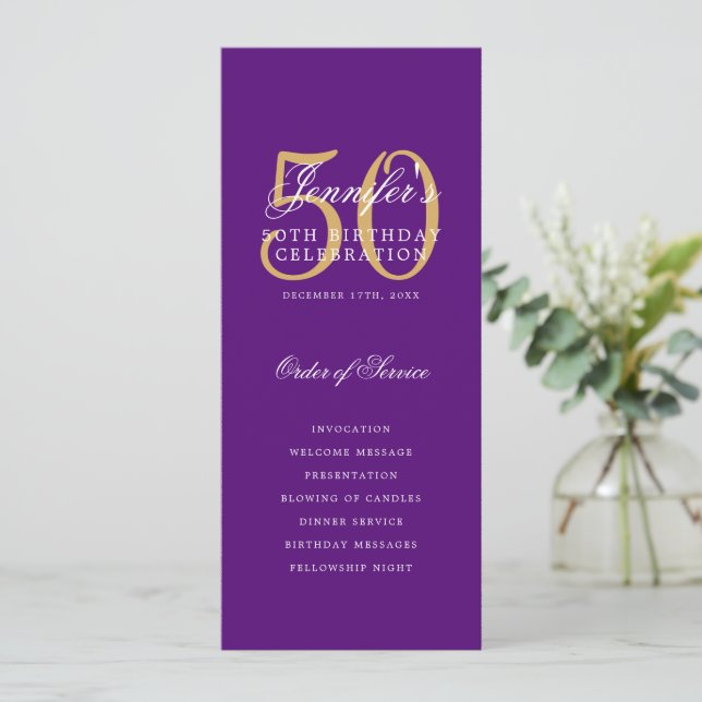 Elegant 50th Birthday Program Purple Gold  (Standing Front)