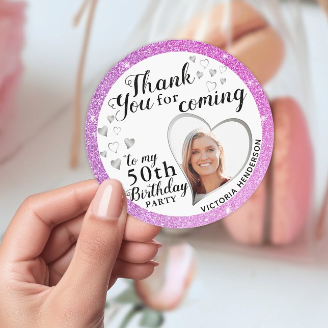 Elegant 50th Birthday Purple Pink Favor Thank You Classic Round Sticker (Personalized 50th Birthday Purple and Pink Favor Thank You Sticker)