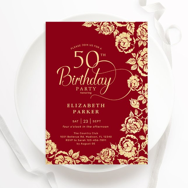 Elegant 50th Birthday Red Gold Roses Invitation (Creator Uploaded)