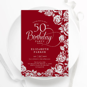 Elegant 50th Birthday Red Silver Roses Invitation