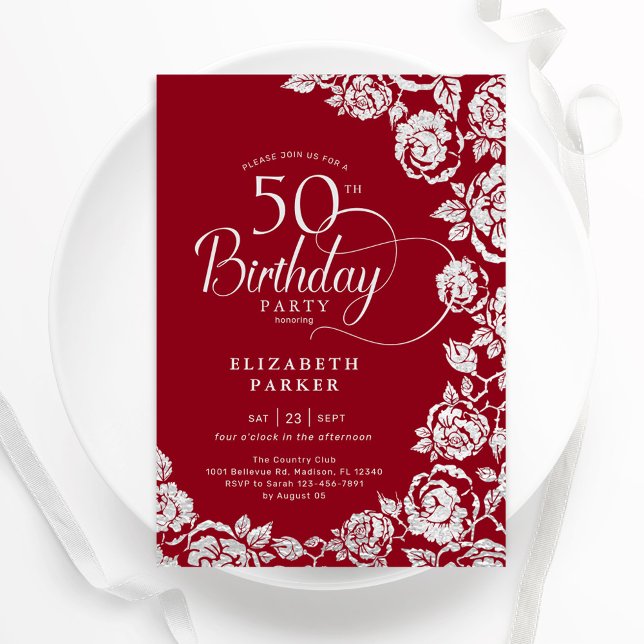 Elegant 50th Birthday Red Silver Roses Invitation (Creator Uploaded)