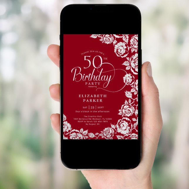 Elegant 50th Birthday Red Silver Roses Invitation (Front Digital)