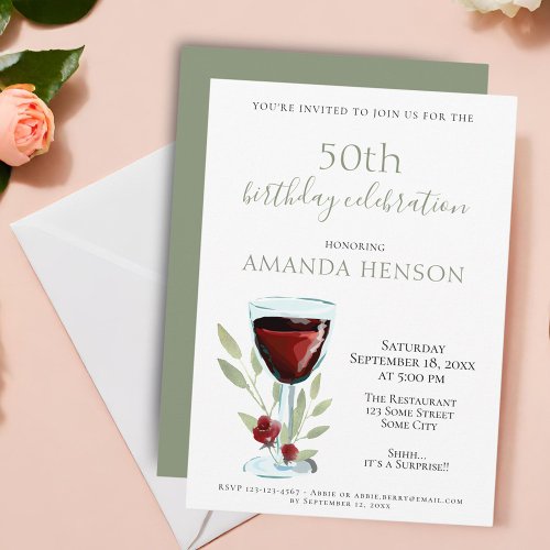 Elegant 50th Birthday Red Wine Surprise Party Invitation