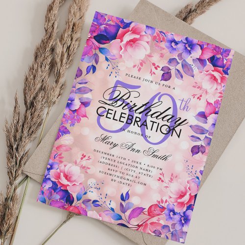 Elegant 50th Birthday Rose Gold Purple Floral  Invitation