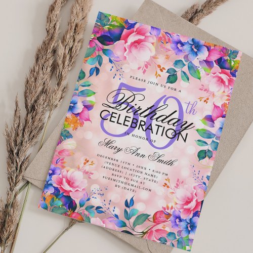 Elegant 50th Birthday Rose Gold Rainbow Floral  Invitation