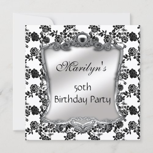 Invite Elegant 50th Birthday Silver Black White Fl 5.25" Square Invitation Card