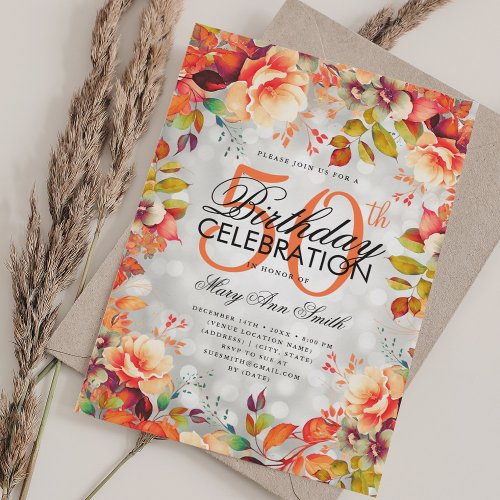 Elegant 50th Birthday Silver Fall Autumn Floral  Invitation