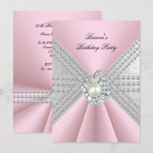 Elegant 50th Birthday Silver Pink Diamond Pearl 4.5x6.25 Paper Invitation Card