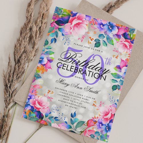 Elegant 50th Birthday Silver Rainbow Floral Lights Invitation